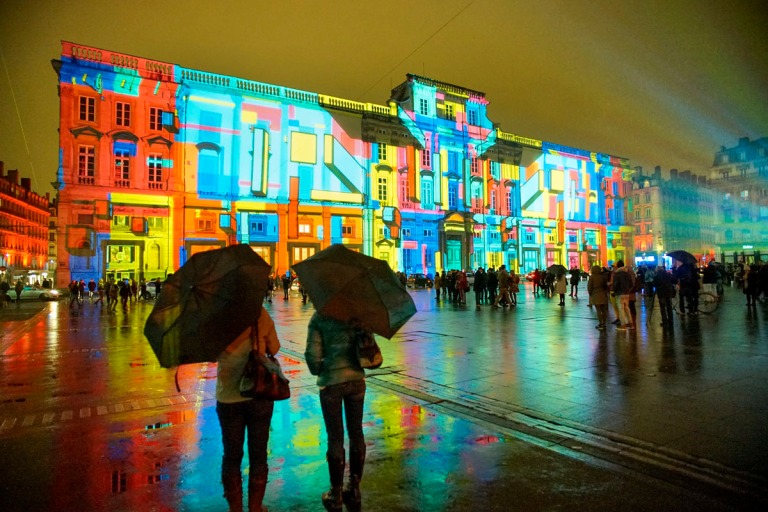 View of "Lyon, Terre aux lumieres" installation by artists Gilbert Coudene and Etienne Guiol during the rehearsal for the Festival of Lights in central Lyon